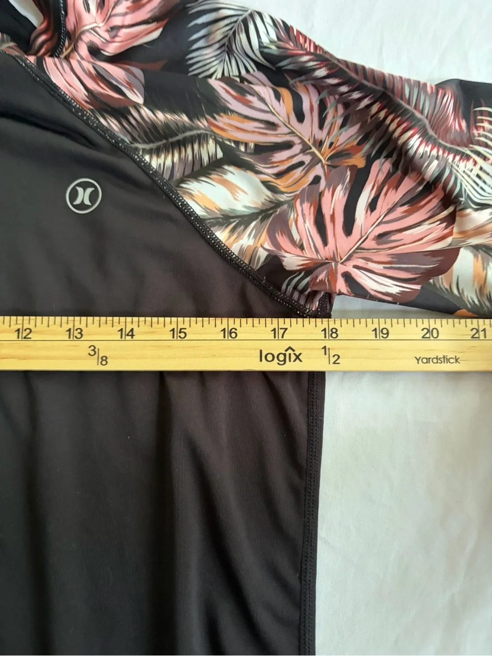 Hurley Womens Black Rash Guard with Pink Leaf-Print Sleeves